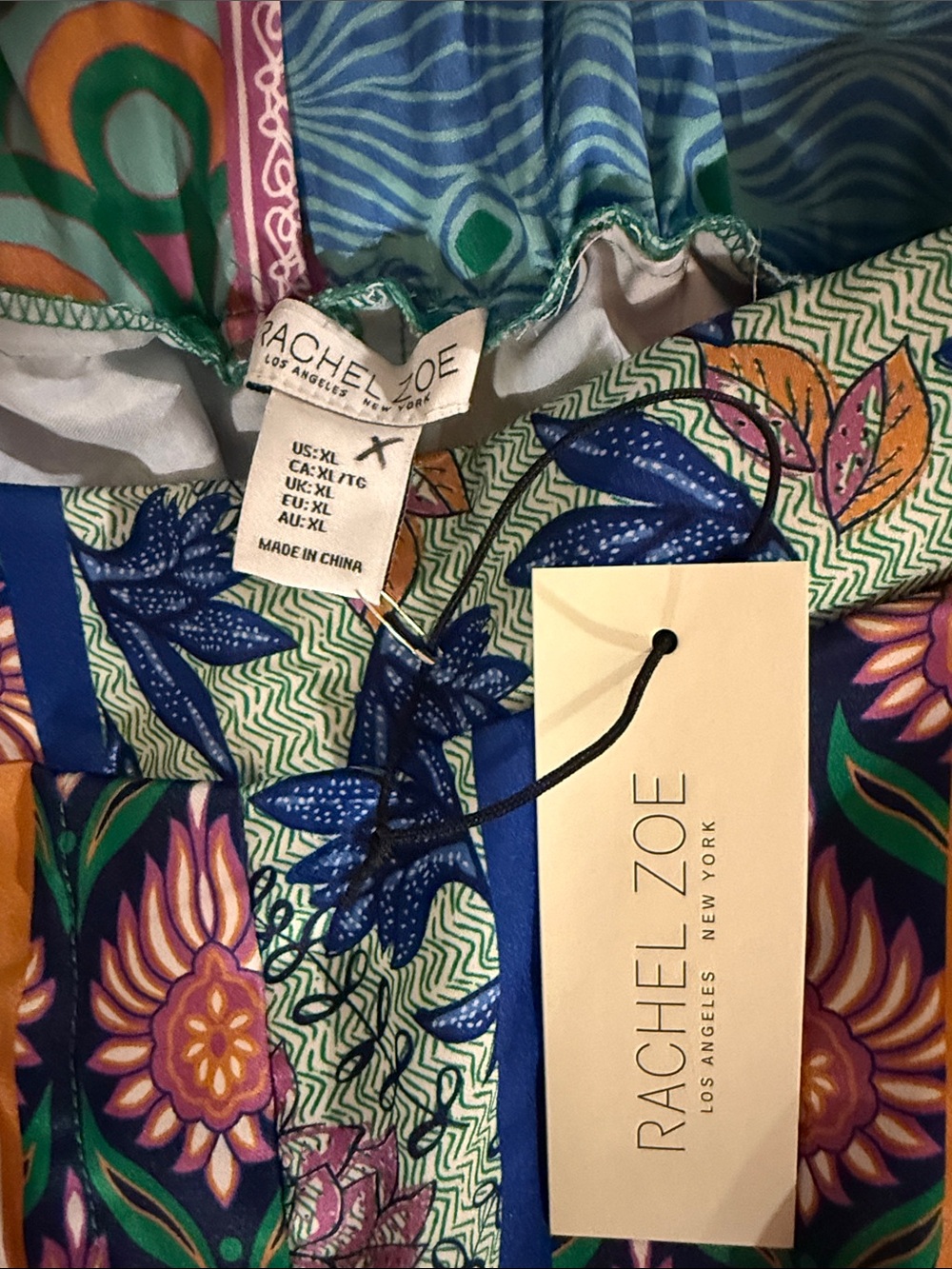 Rachel Zoe Multicolor Patchwork Wide Leg Boho Satin like Pants with Mixed Print - Picture 12 of 12